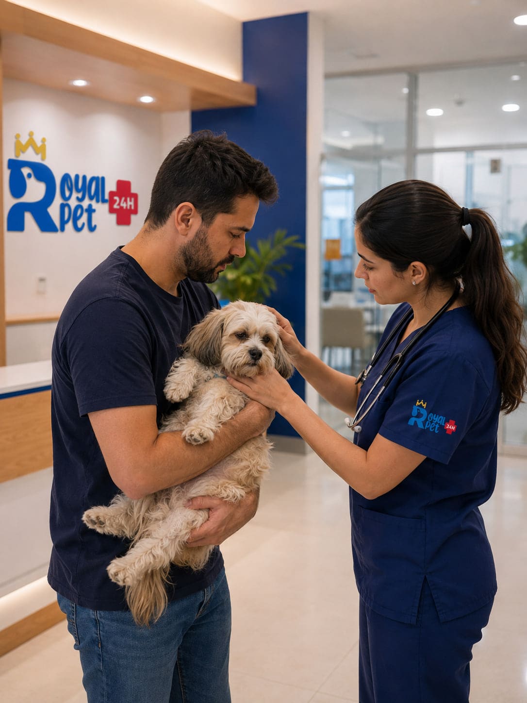 Veterinária acolhendo um cão no colo do tutor na recepção da Royal Pet