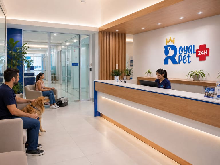 Recepção da Royal Pet, com tutores aguardando atendimento
