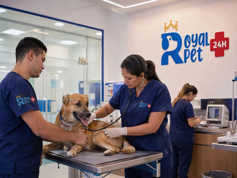 Veterinária auscultando um cão na mesa de exame, com auxiliar contendo o animal