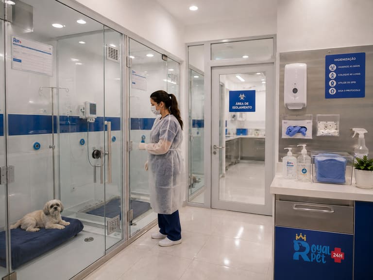 Profissional paramentada acompanhando um cão na área de isolamento