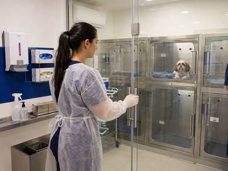 Profissional com avental e luvas na entrada da área de internação
