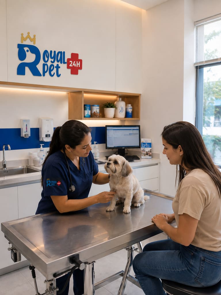 Veterinária conversando com a tutora durante a consulta do cão
