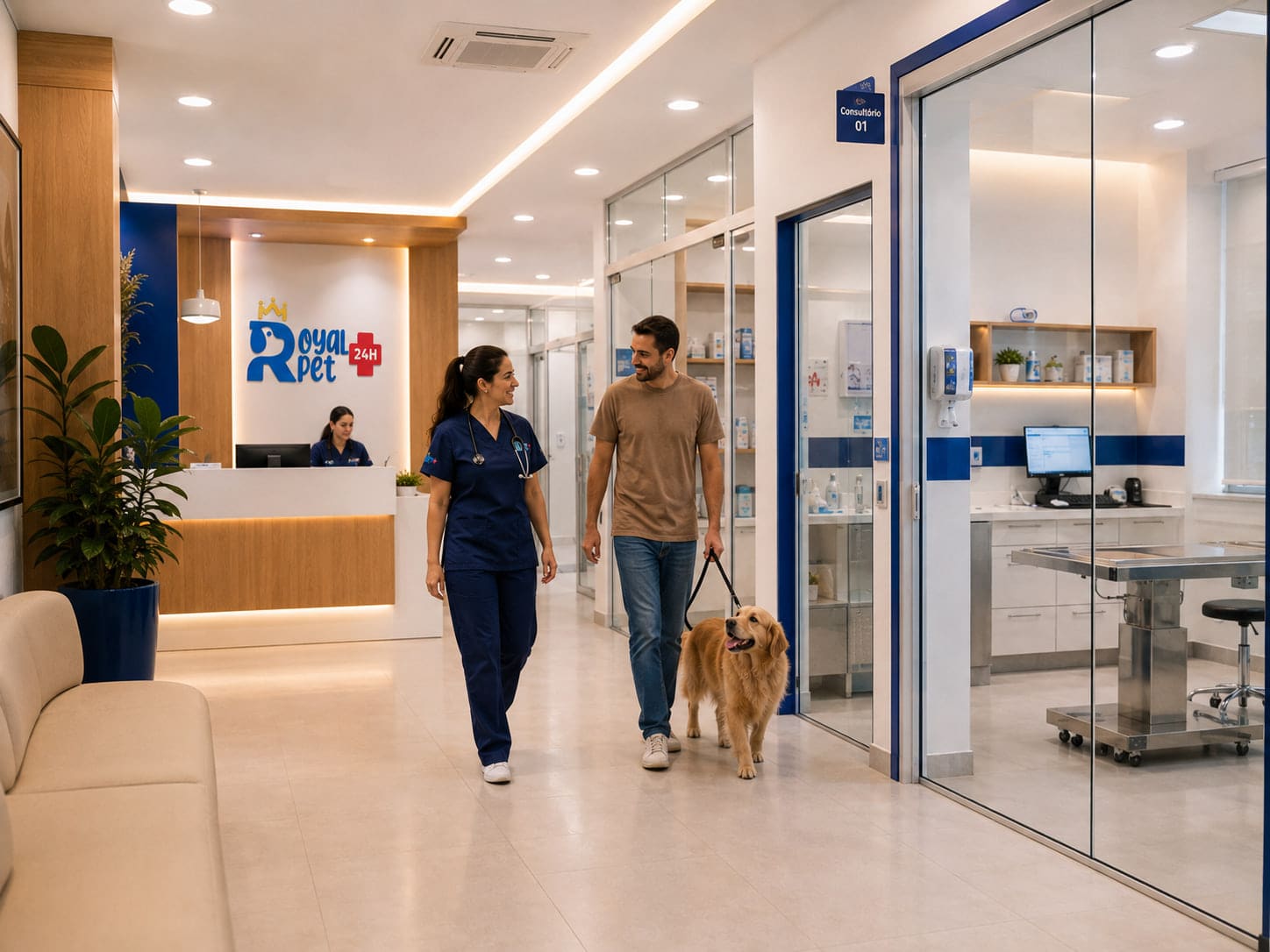 Veterinária da Royal Pet acompanhando um tutor e seu cão pelo corredor da clínica