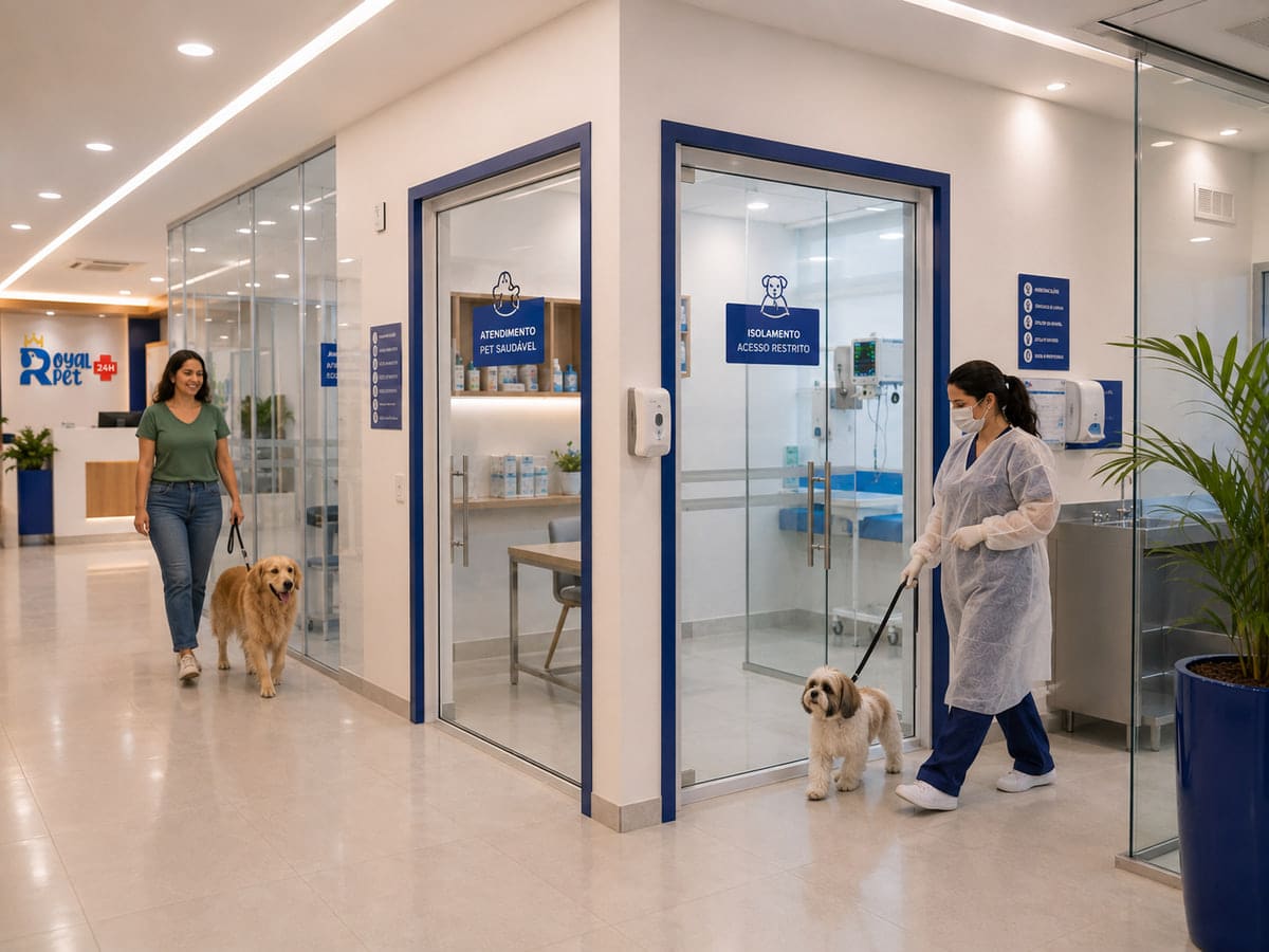 Entradas separadas para pet saudável e para a área de isolamento